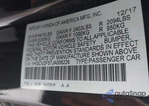 2018 Honda Accord Ex-L 2.0T from USA, damaged, VIN 1HGCV2F57JA006226